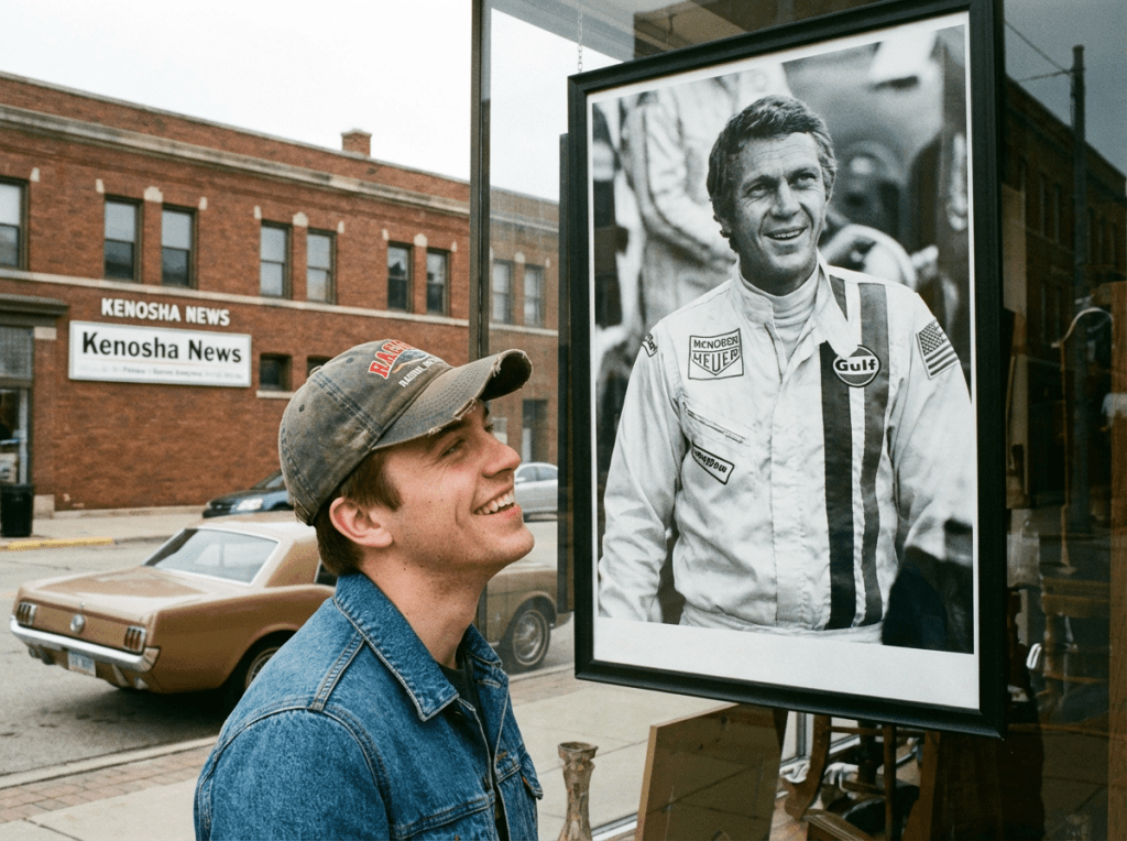 Man smiling at a framed portrait of Steve McQueen in a store window.