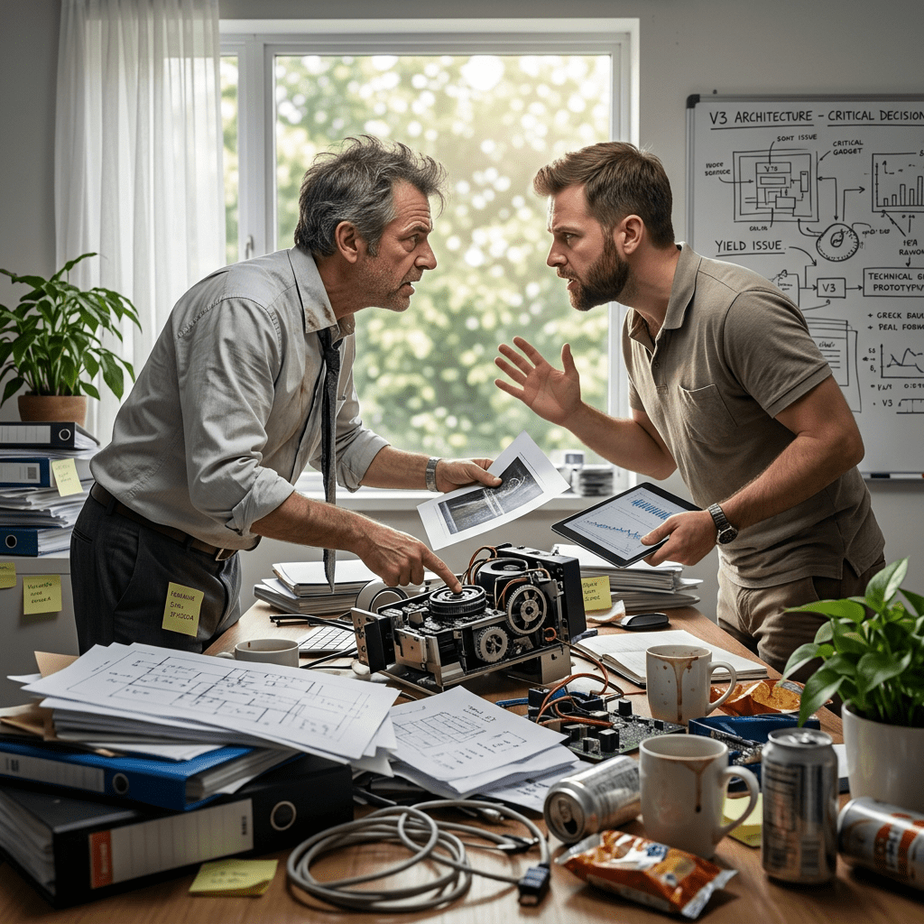 Two engineers arguing over a mechanical device and design papers in a cluttered office