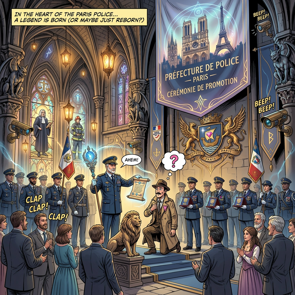 Medieval ceremony in a cathedral with Paris police promotion banner