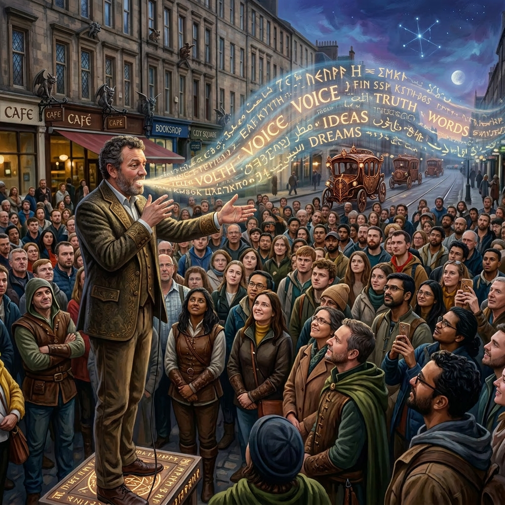 Man speaking with microphone to a diverse crowd on an urban street