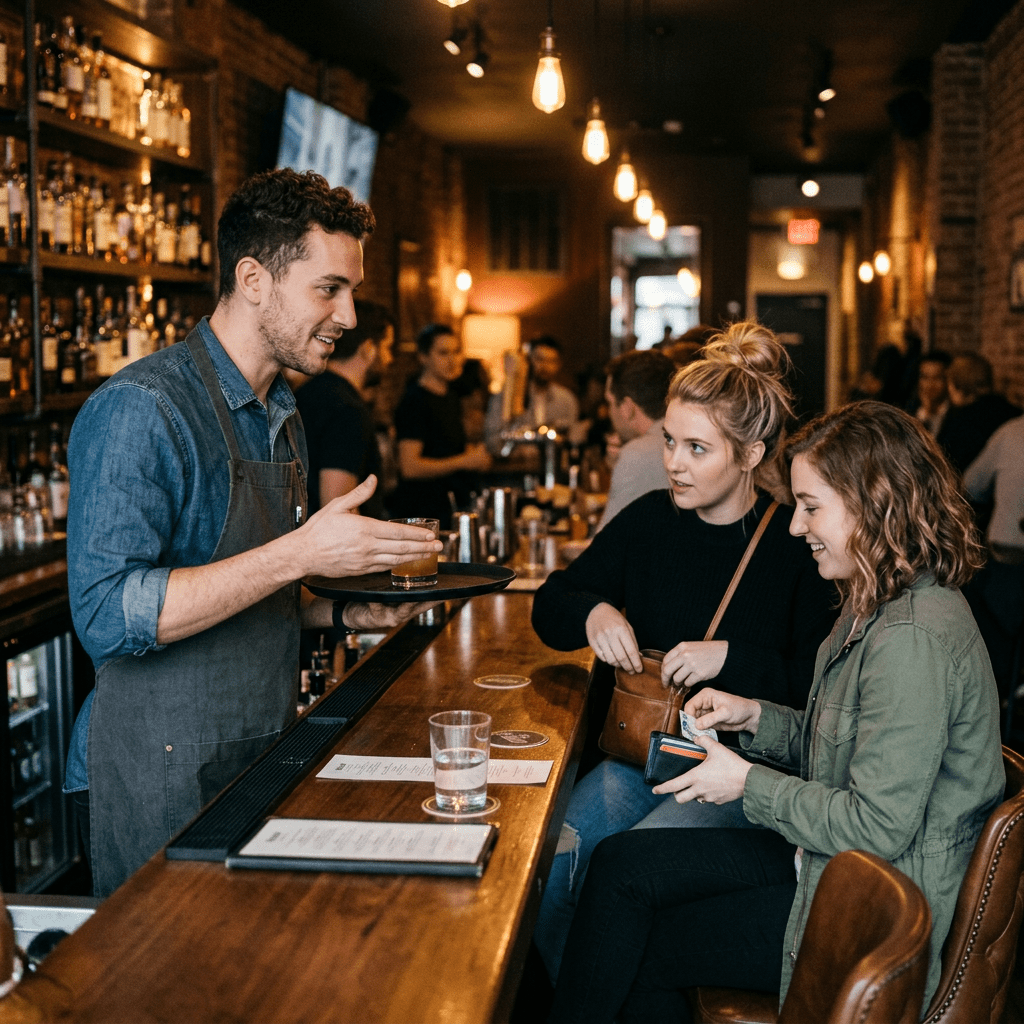 Bartender handing a drink on a tray to two women sitting at a bar