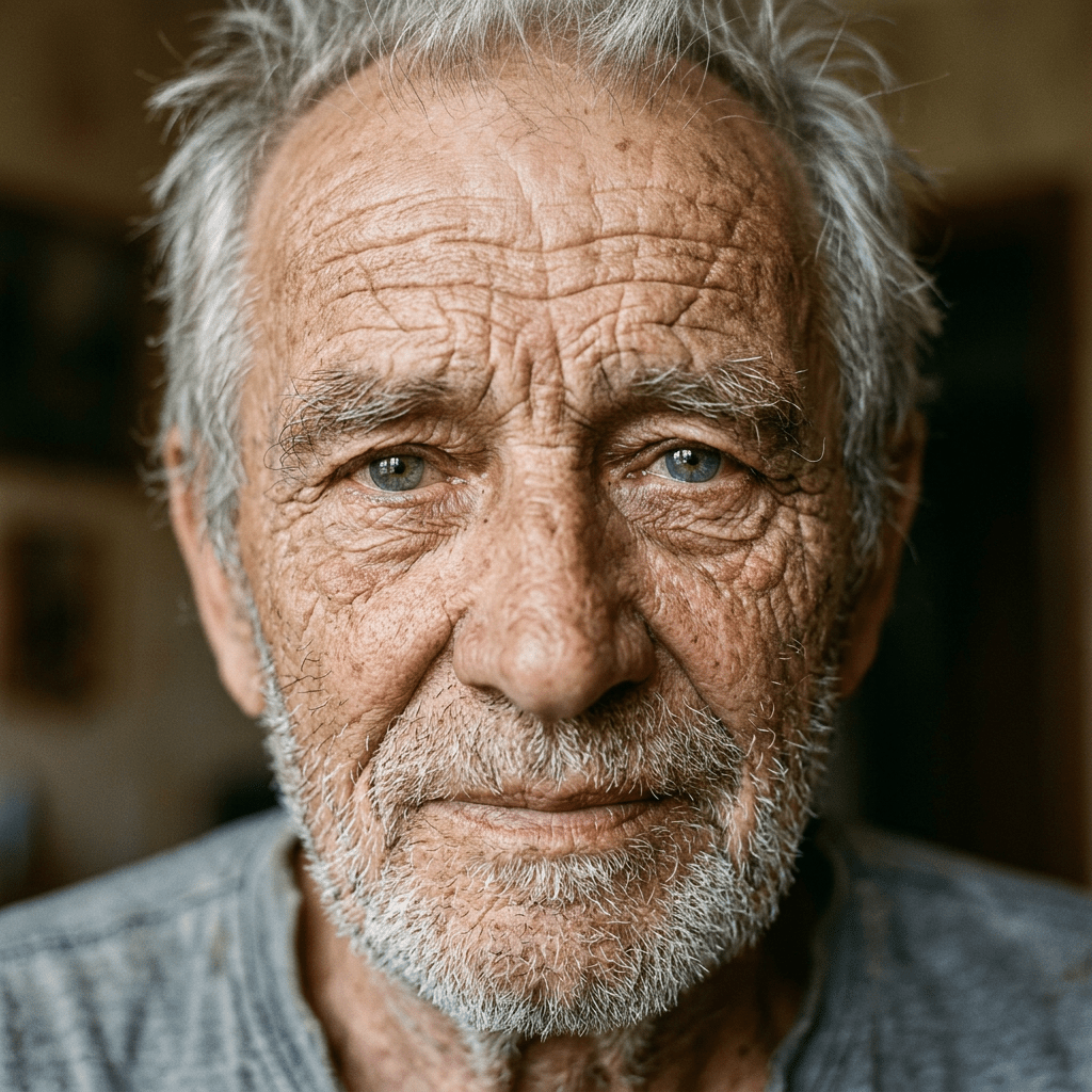 Close-up of an elderly man's face with deep wrinkles, light beard, and gray hair