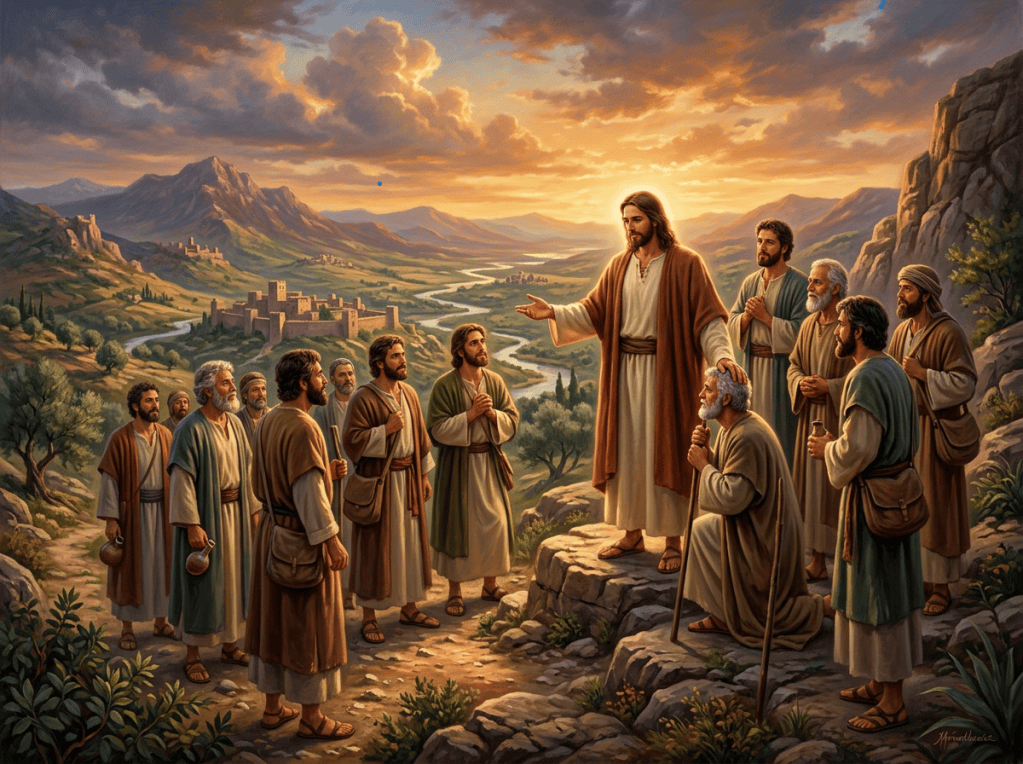 Jesus standing and speaking to his disciples on rocky terrain at sunset