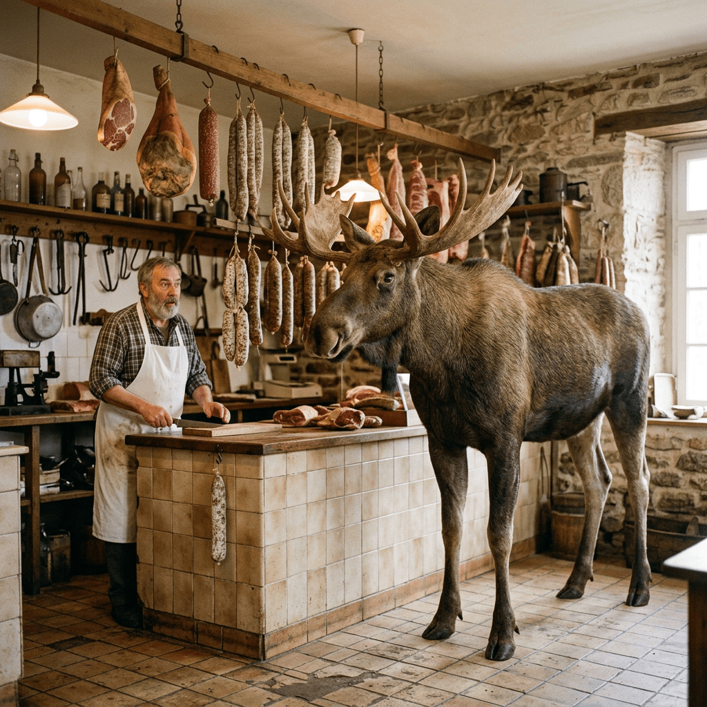 Moose standing next to butcher counter in rustic shop with hanging cured meats