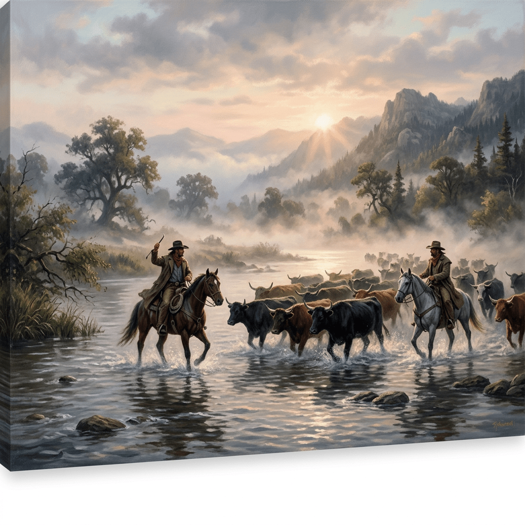 Two cowboys on horseback herding a large group of cattle across a river with mist and mountains in the background at sunrise.
