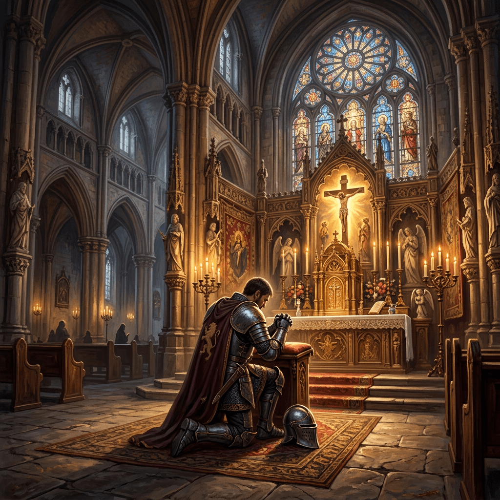 Knight kneeling in prayer at altar with crucifix and stained glass windows in Gothic cathedral
