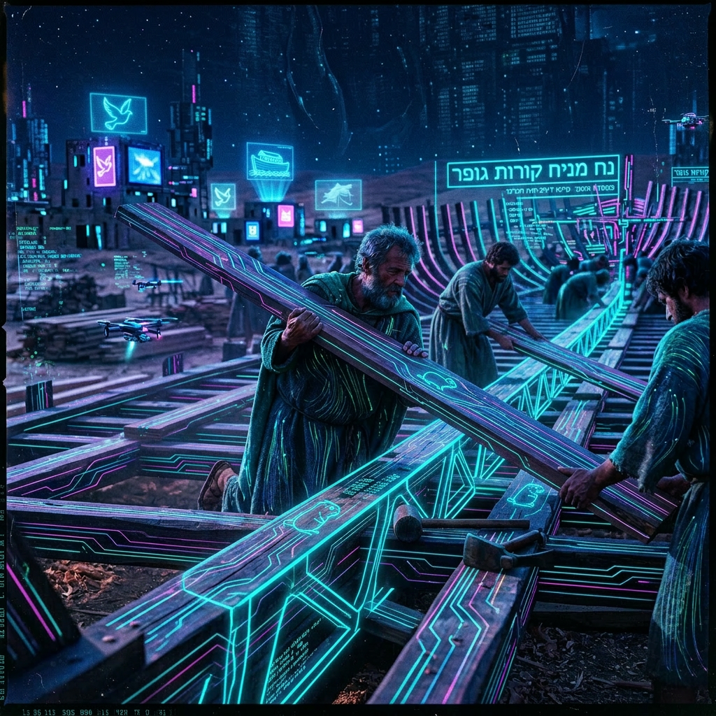 Men building a large wooden ship frame using planks and tools