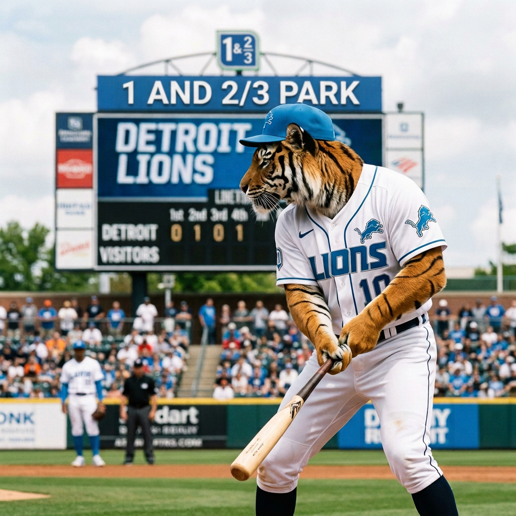 Tiger mascot in Detroit Lions uniform holding a baseball bat at Fifth Third Park