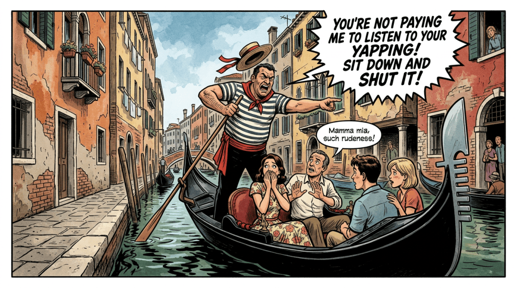 Comic gondolier shouting, “YOU’RE NOT PAYING ME TO LISTEN TO YOUR YAPPING! SIT DOWN AND SHUT IT!” while passengers react in a Venetian canal; speech bubble says, “Mamma mia, such rudeness!”