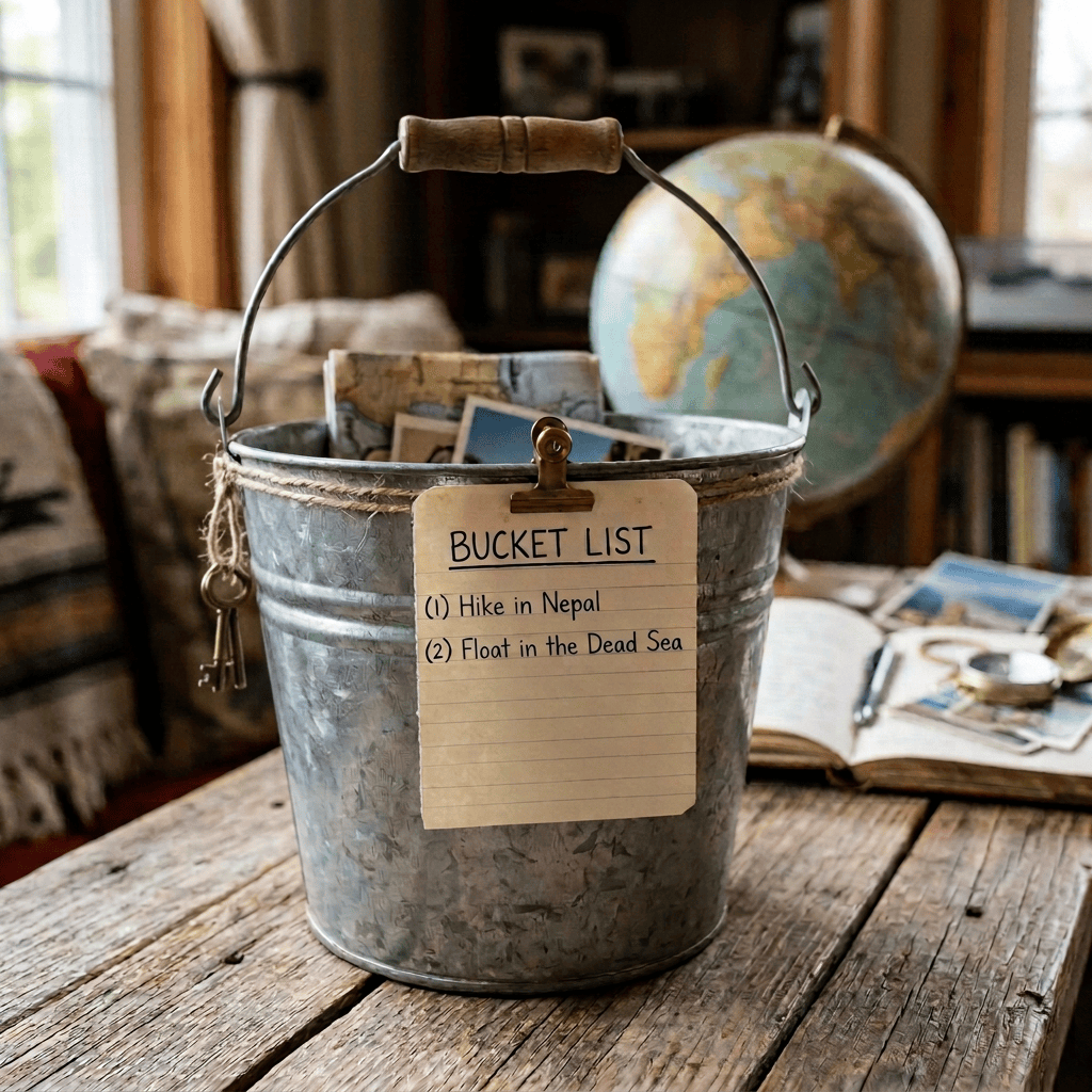 Metal bucket labeled Bucket List with six travel destinations