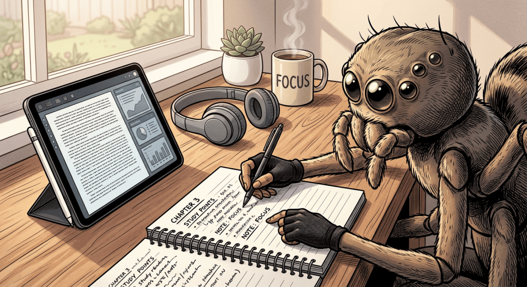 Person writing in a notebook beside a tablet, tea, and headphones