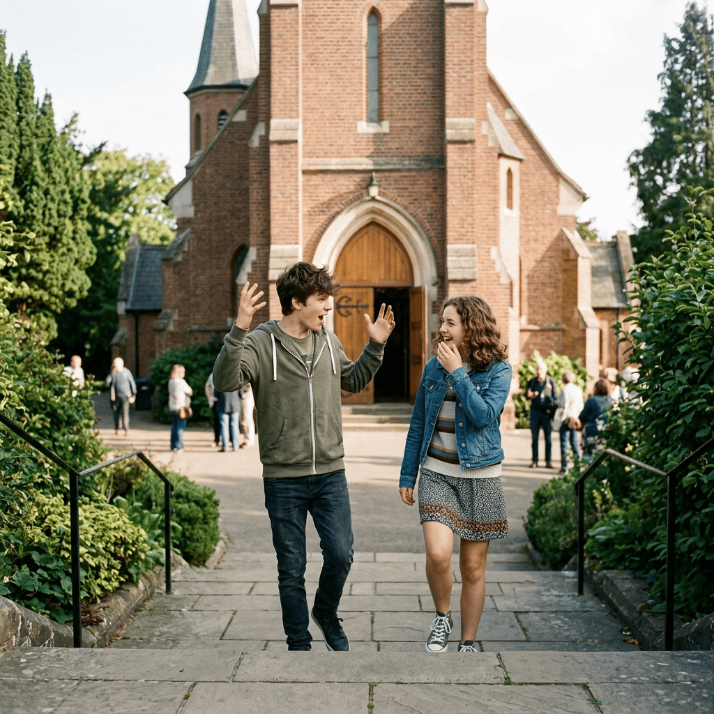 Two friends talking on steps outside a brick church
