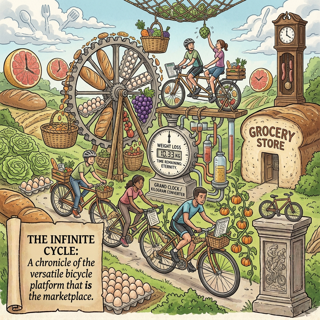 Illustration of cyclists shopping and training with text: “Before I leave, before you go, there is one thing of which I must inquire. Isn’t the difference between a nude unicyclist and a well dressed bicyclist, simply attire?”