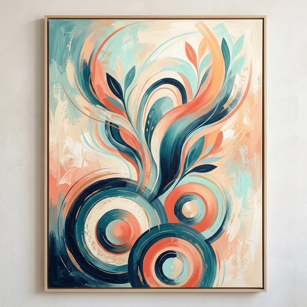 Framed abstract painting with colorful botanical shapes and concentric circles